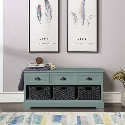 Green Wood Storage Bench with 3 Drawers and 3 Woven Baskets N76505