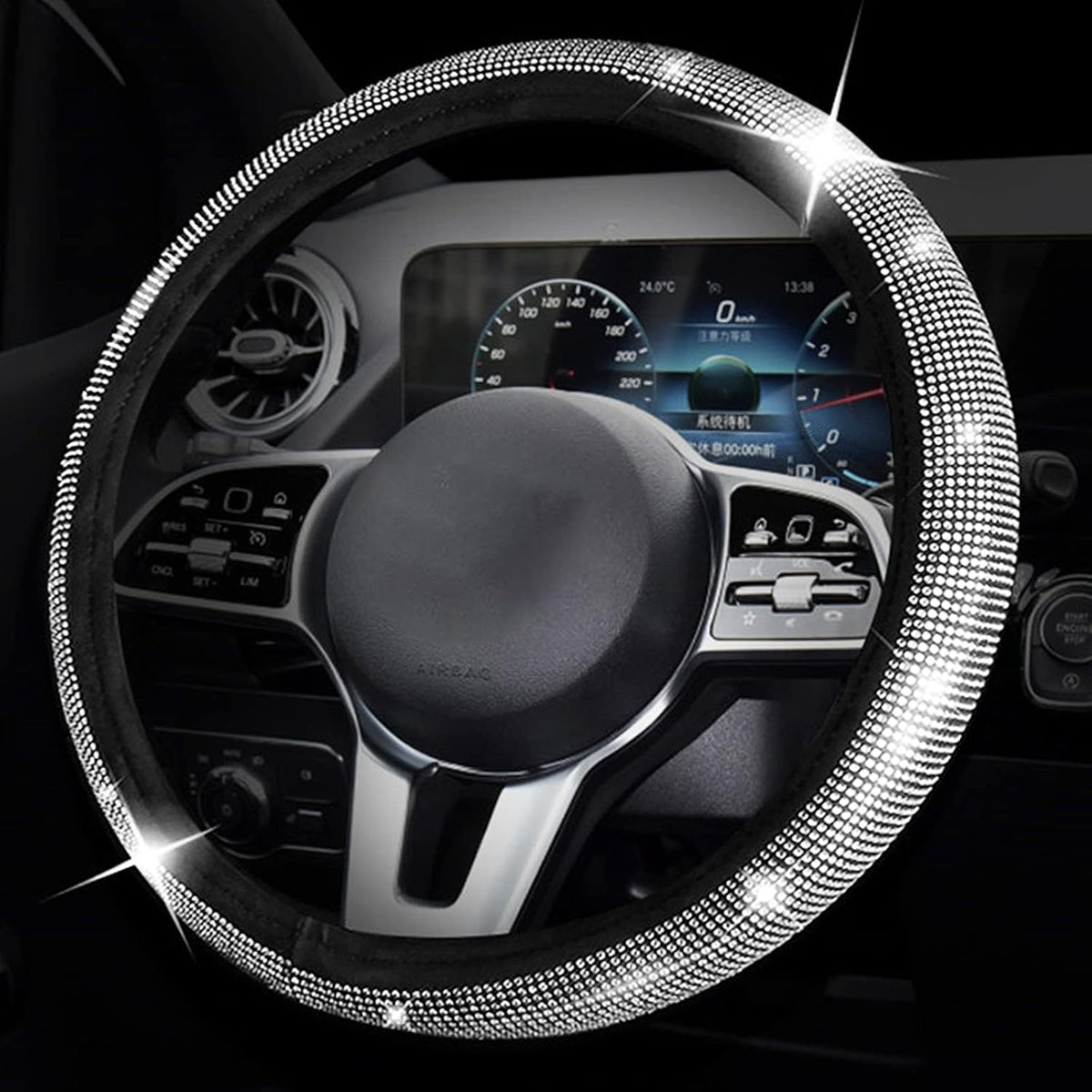 Black with White Diamond Crystal Steering Wheel Cover 15 inches O4067