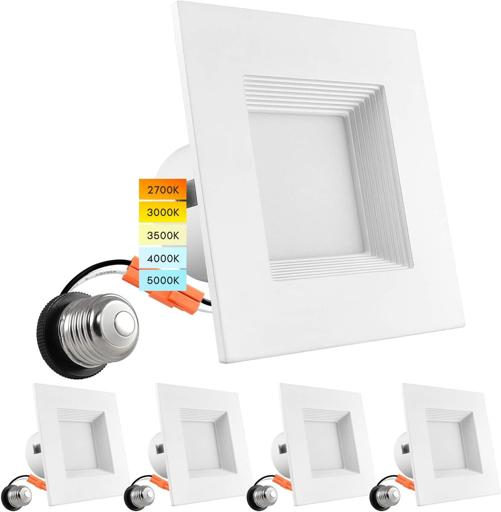 4 Inch Square Recessed LED Can Lights, 750 Lumens, Dimmable, Wet Rated, Baffle Trim, 6 Pack R3672