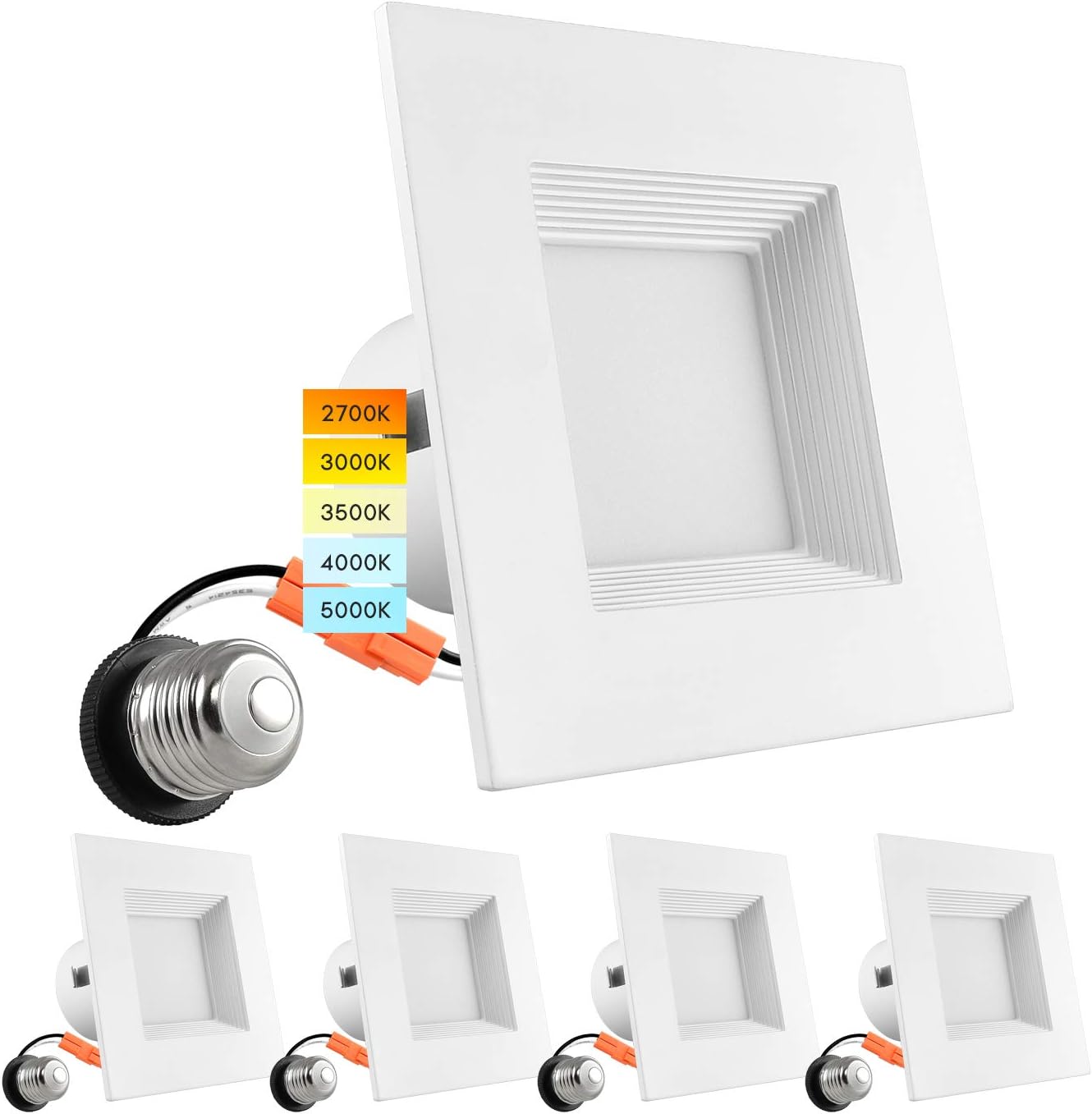 4 Inch Square Recessed LED Can Lights, 750 Lumens, Dimmable, Wet Rated, Baffle Trim, 6 Pack R3672