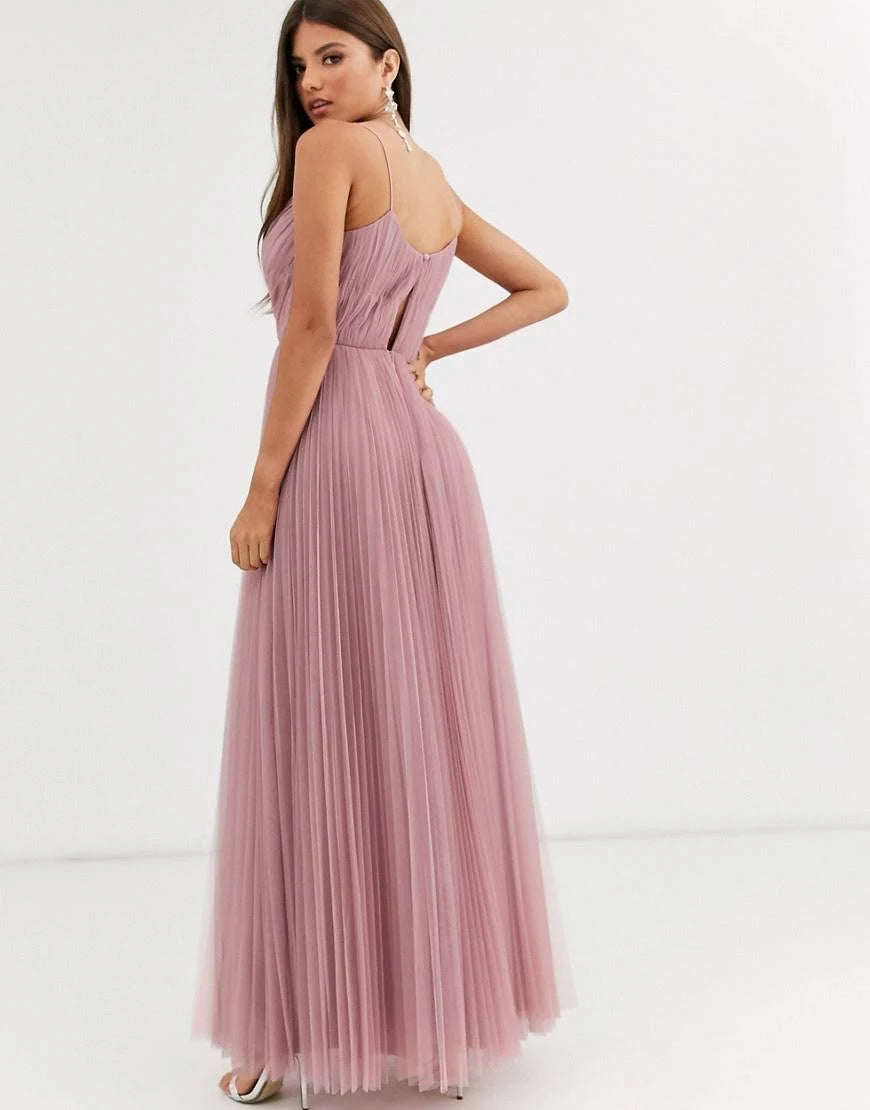 Light rose-Pink Pleat Tulle Maxi Dress B6559