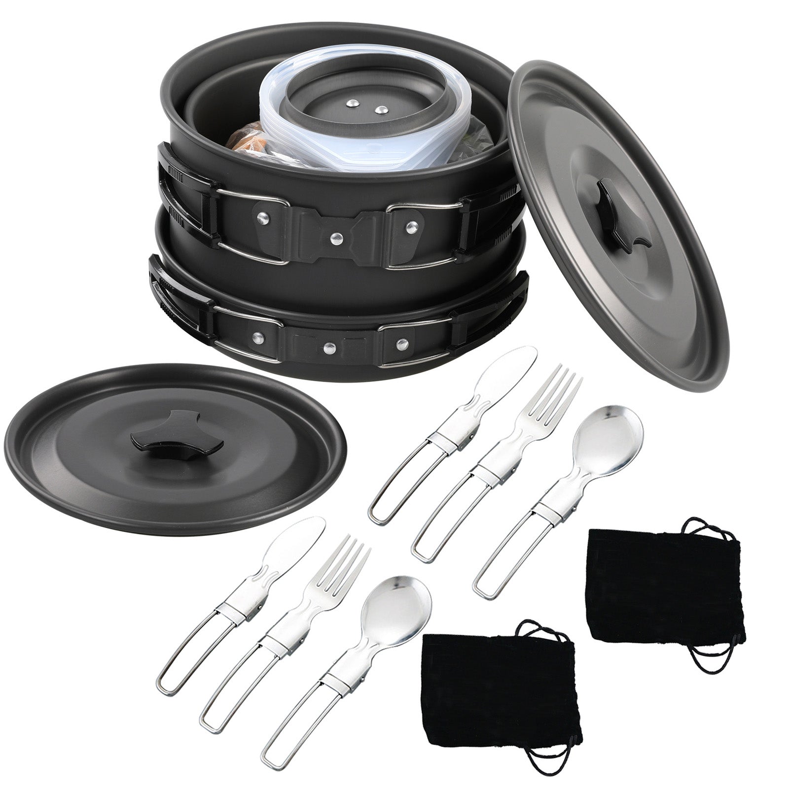 Non-Stick Camping Cookware Mess Kit with Pot, Pan, and Kettle K295