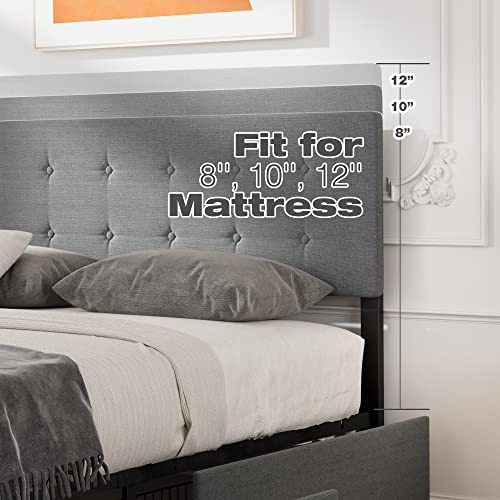 Grey Queen Size Upholstered Platform Bed Frame with 4 Storage Drawers Z449