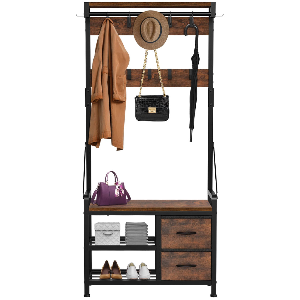 Rustic Brown 4 in 1 Entryway Hall Tree Coat Rack with Shoe Storage Bench 17 Hooks 2 Drawers H89375