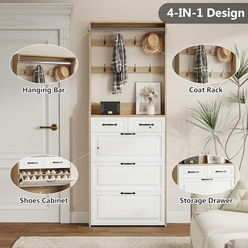 Rustic White Wooden Hall Tree with 5 Coat Hooks and 2 Shoes Cabinets J453726