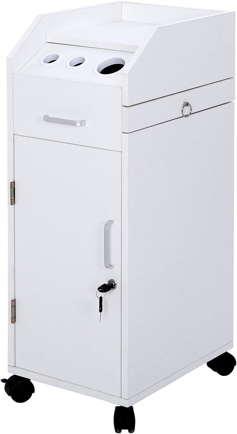Rolling Hair Salon Storage Cart with Wheels & 3 Hair Dryer Holders & Drawers & Lock L5441