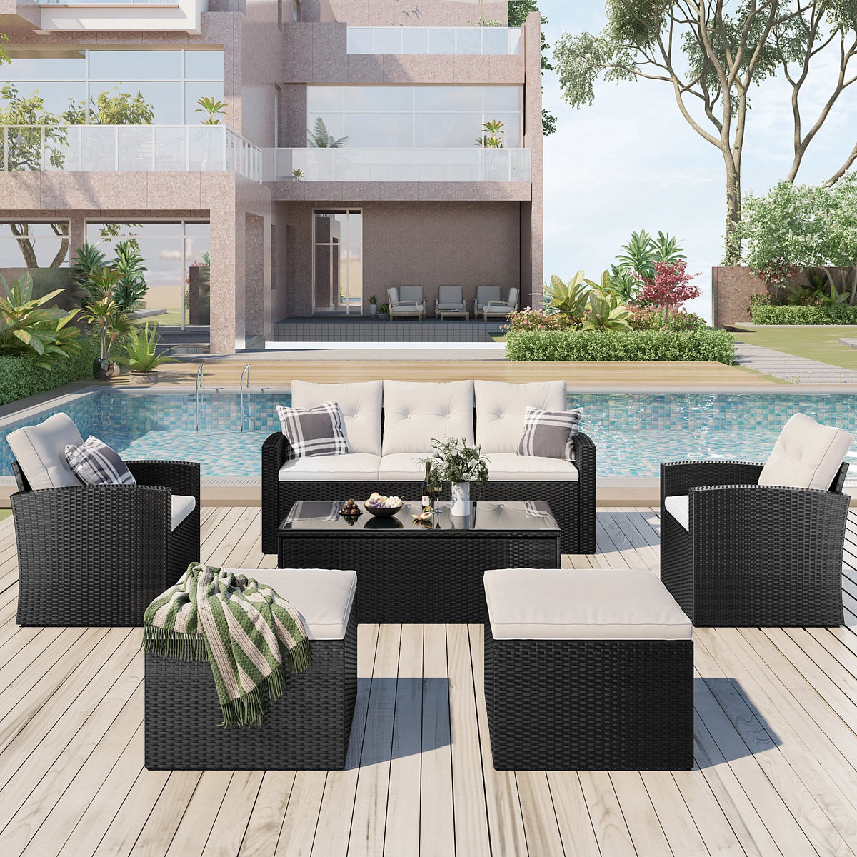 Black Wicker Patio Outdoor Sectional Set with Coffee Table and Removable Cushions E82667