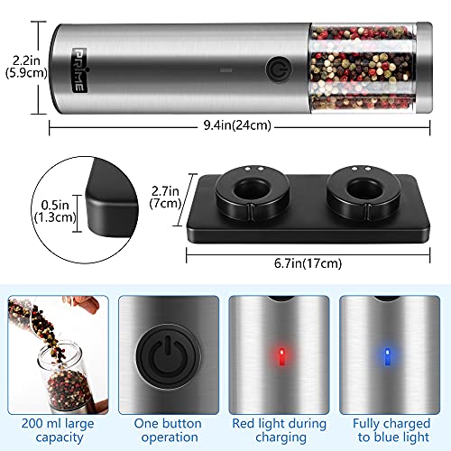 Electric Salt and Pepper Grinder Set, 2 Mills, Rechargeable, Stainless Steel E8555