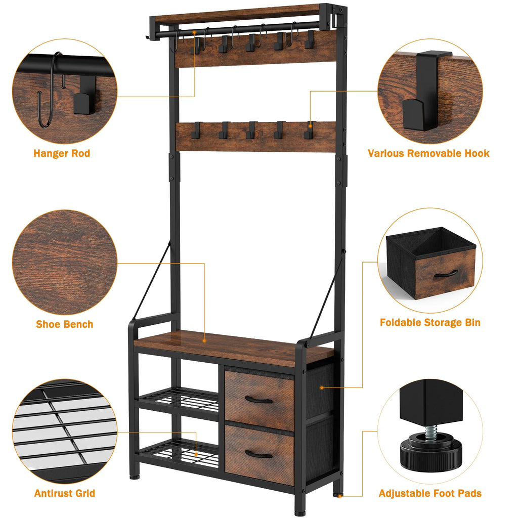 Rustic Brown 4 in 1 Entryway Hall Tree Coat Rack with Shoe Storage Bench 17 Hooks 2 Drawers H89375