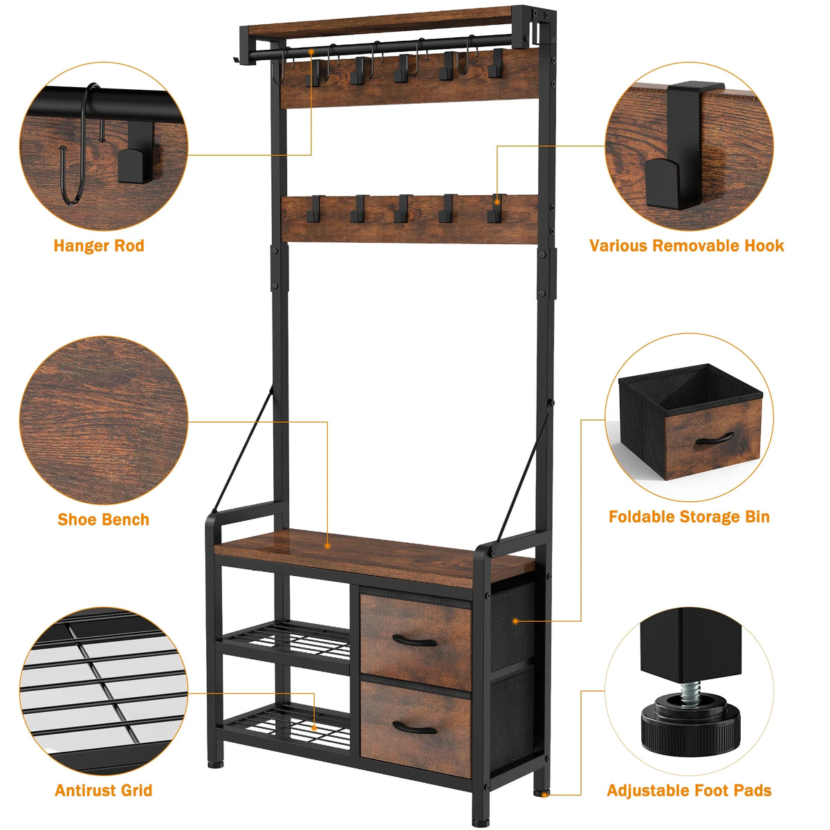 Rustic Brown 4 in 1 Entryway Hall Tree Coat Rack with Shoe Storage Bench 17 Hooks 2 Drawers H89375
