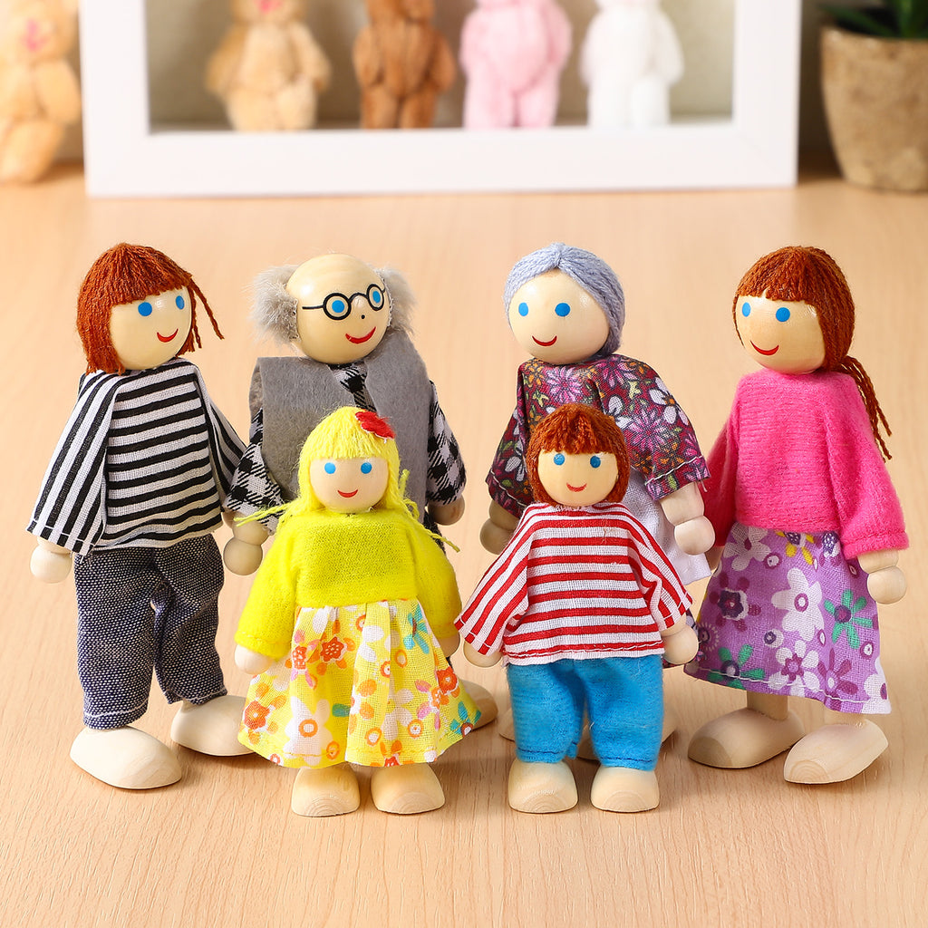 6 Pcs Wooden Doll House Figures Family Member Dolls L73883