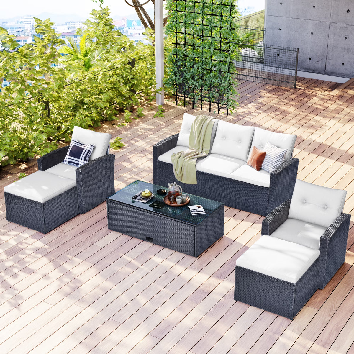 Black Wicker Patio Outdoor Sectional Set with Coffee Table and Removable Cushions E82667