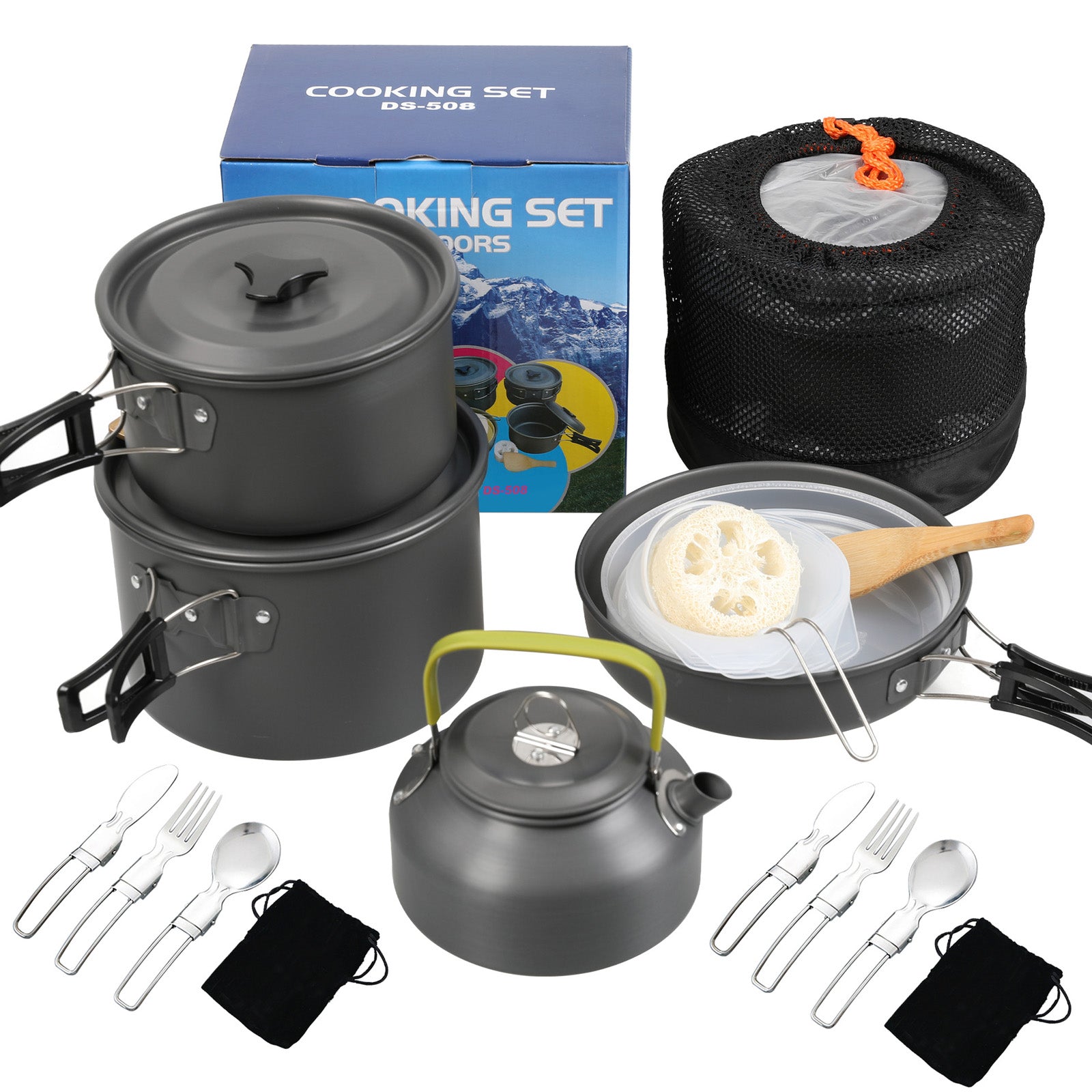 Non-Stick Camping Cookware Mess Kit with Pot, Pan, and Kettle K295