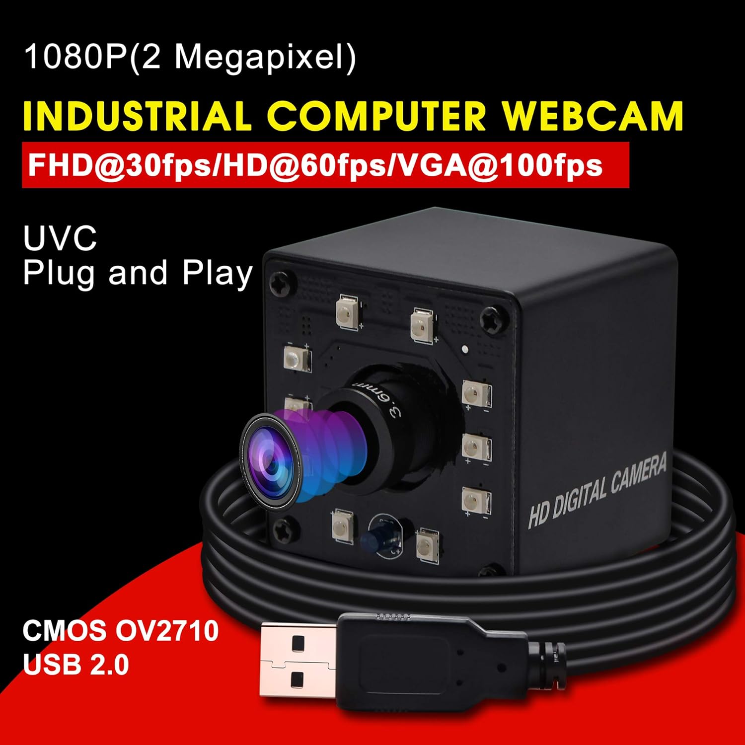 100fps Night Vision USB Camera 1080P Webcam with IR Cut and 3.6mm Lens W55155