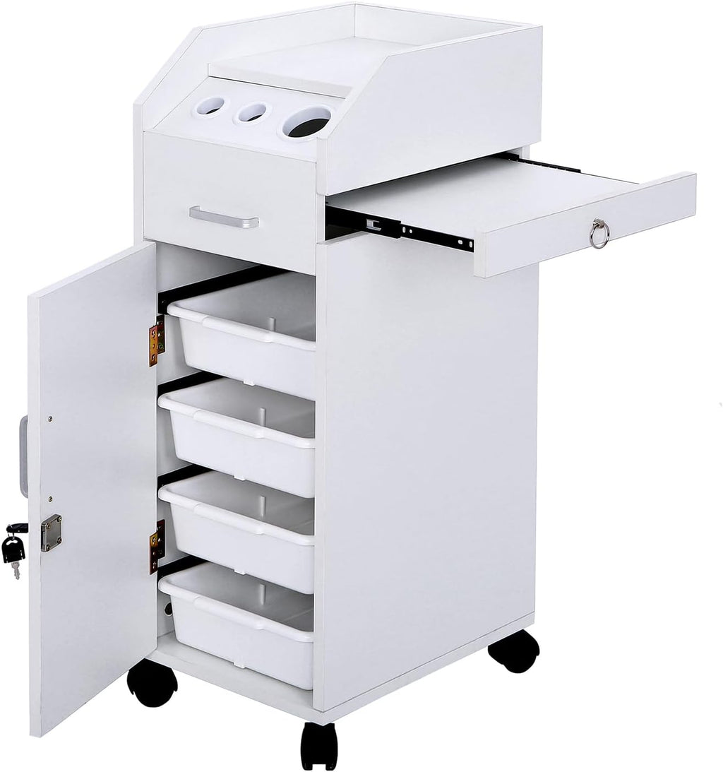 Rolling Hair Salon Storage Cart with Wheels & 3 Hair Dryer Holders & Drawers & Lock L5441