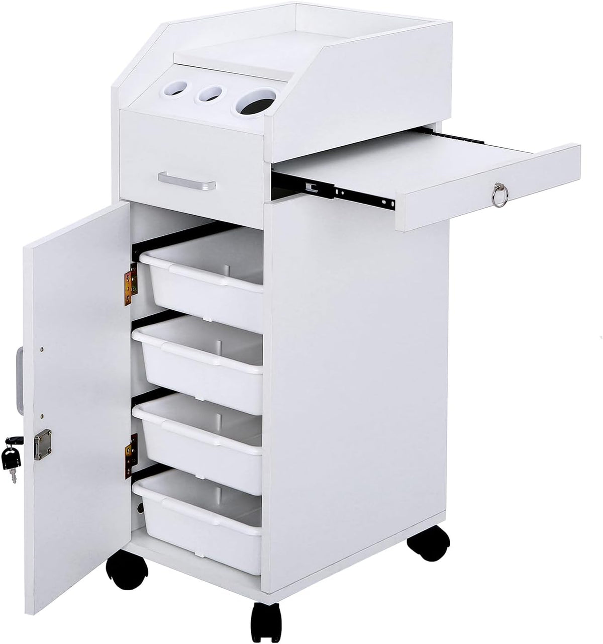 Rolling Hair Salon Storage Cart with Wheels & 3 Hair Dryer Holders & Drawers & Lock L5441