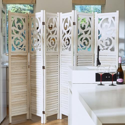 6 Panels Wood Carved Privacy Screens (White-Washed) G9404