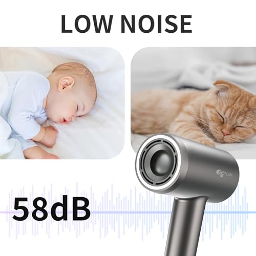 Hair Dryer with Diffuser, 110,000 RPM Brushless High-Speed, 1400W Low Noise Thermo-Control, Magnetic Nozzle and Wall Mount Holder K80109