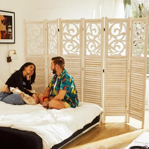 6 Panels Wood Carved Privacy Screens (White-Washed) G9404