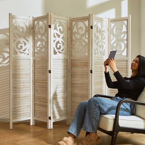 6 Panels Wood Carved Privacy Screens (White-Washed) G9404