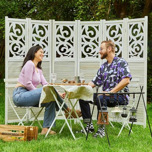 6 Panels Wood Carved Privacy Screens (White-Washed) G9404