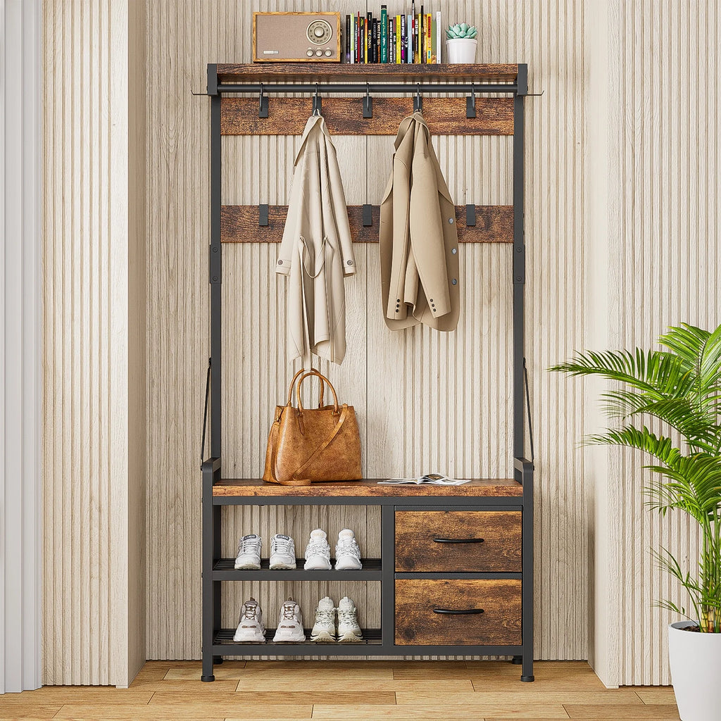 Rustic Brown 4 in 1 Entryway Hall Tree Coat Rack with Shoe Storage Bench 17 Hooks 2 Drawers H89375