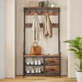 Rustic Brown 4 in 1 Entryway Hall Tree Coat Rack with Shoe Storage Bench 17 Hooks 2 Drawers H89375