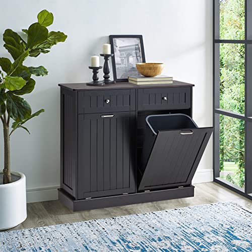 White Wooden Tilt Out Trash Cabinet with Hideaway Drawer and Bamboo Cutting Board K892