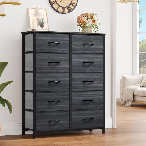 10 Drawer Fabric Storage Dresser with Steel Frame and Wooden Top W6722