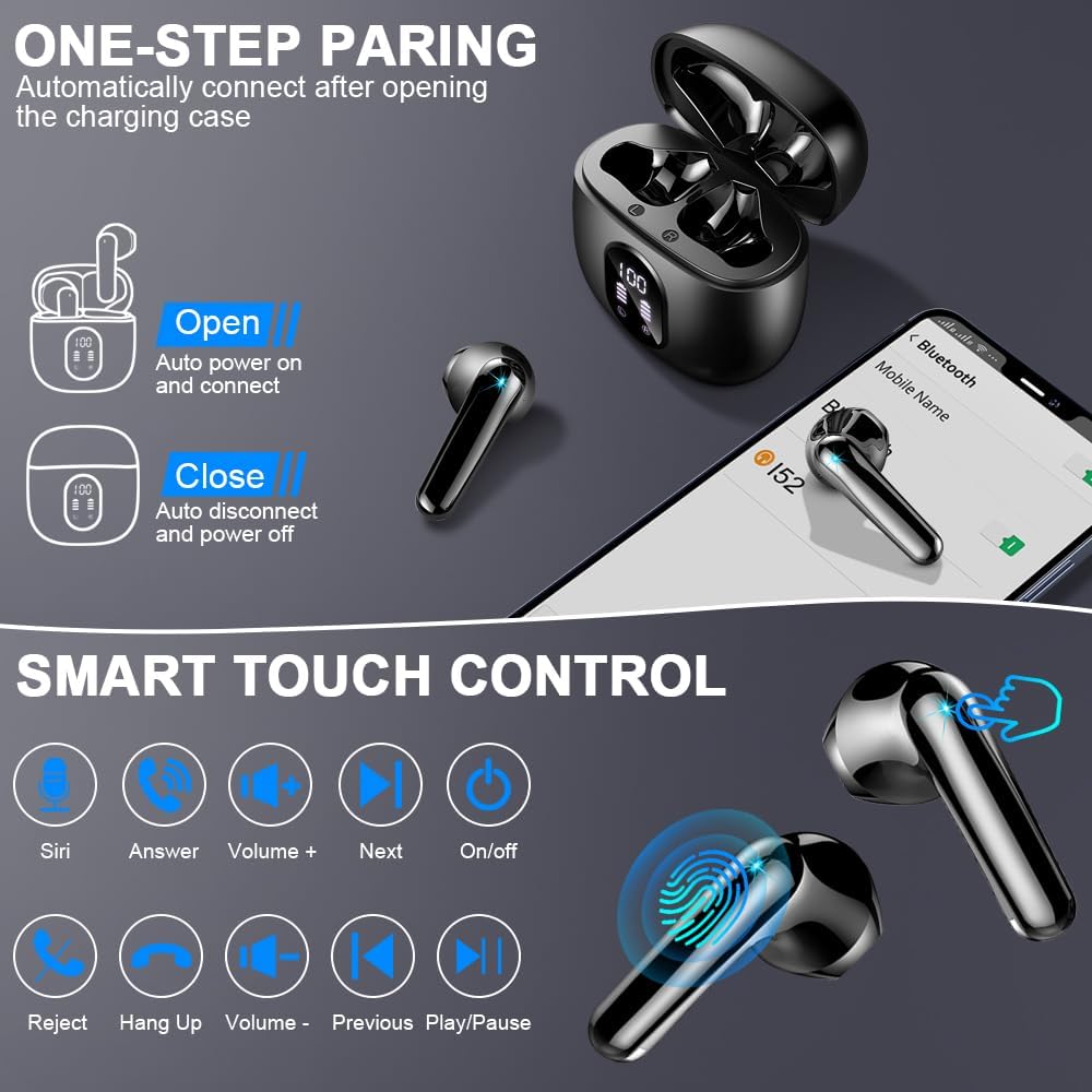 Wireless Earbuds Bluetooth 5.3 50H Playback Hi-Fi Stereo 4 ENC Mics LED Display Charging Case IP7 Waterproof I9082