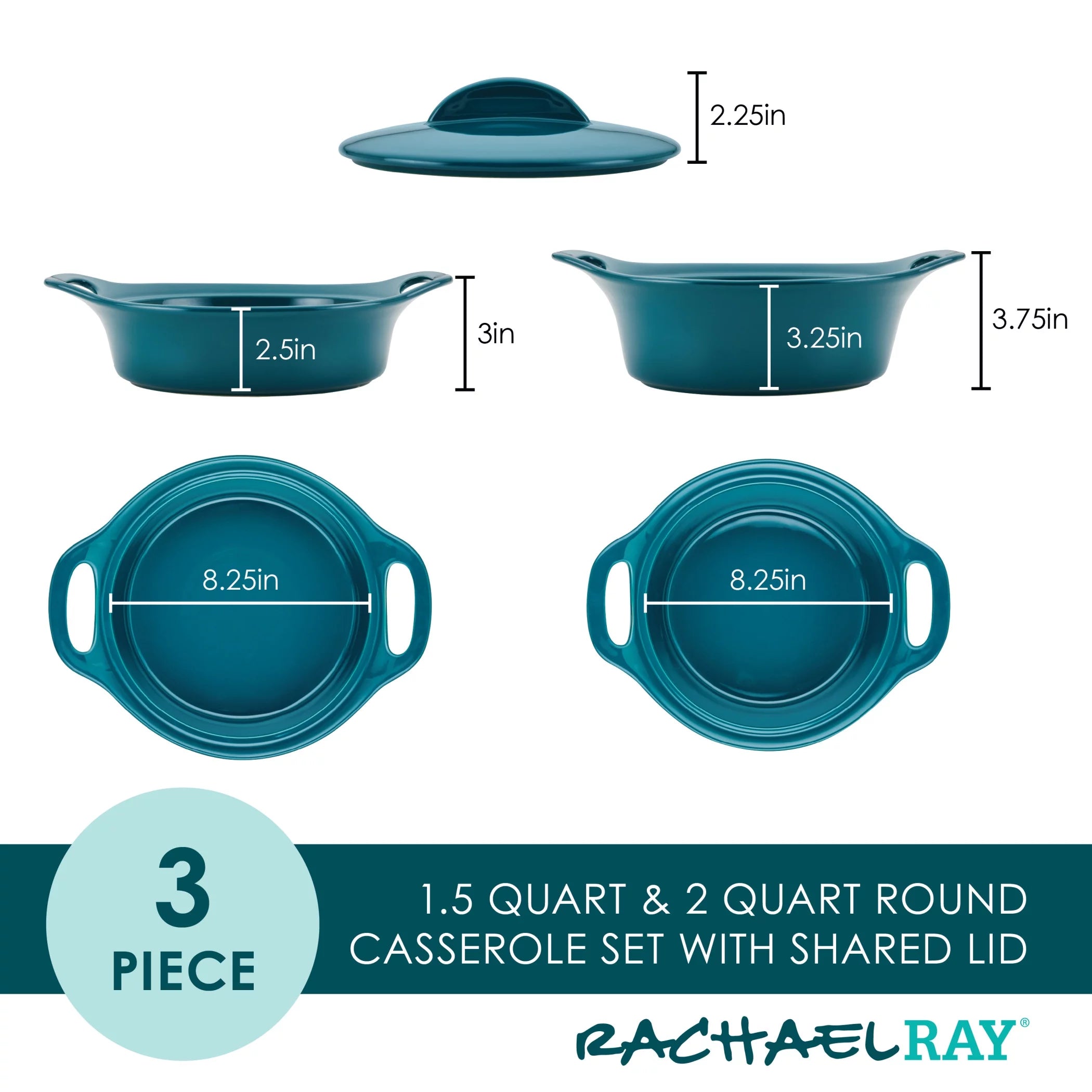 3-Piece Ceramic Casserole Bakers with Lid Set, Teal M5778