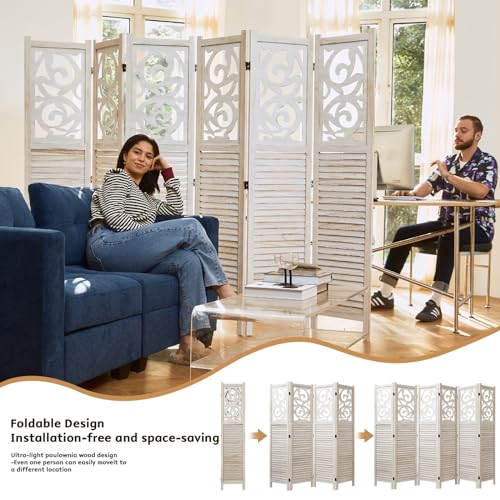 6 Panels Wood Carved Privacy Screens (White-Washed) G9404