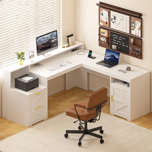 63" L Shaped Executive Desk with Drawers & Storage Shelf, Antique White E395946