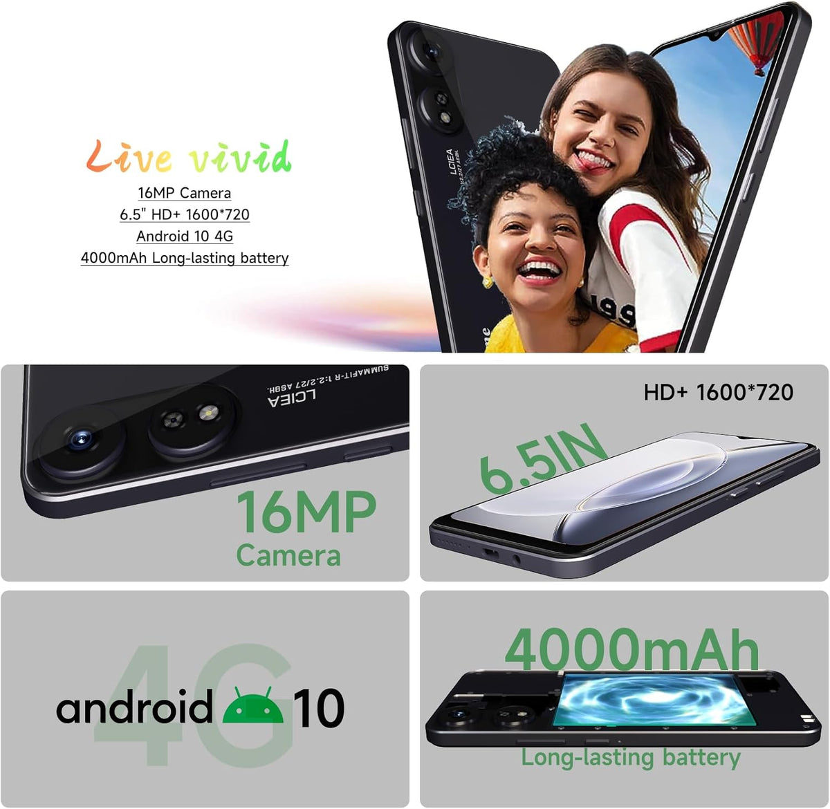 Unlocked 4G LTE Cell Phone 6.5” HD+ Screen 4000mAh Android 10 Smartphone 16MP Dual SIM Face Unlock Black D83989