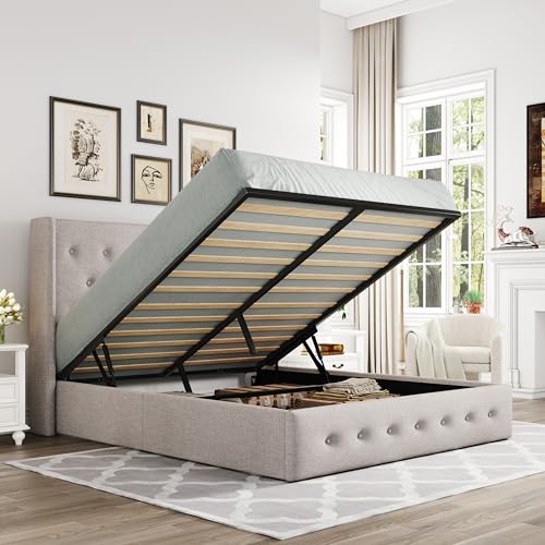 Full Size Lift Up Storage Bed with Wingback Headboard, Light Beige Z576