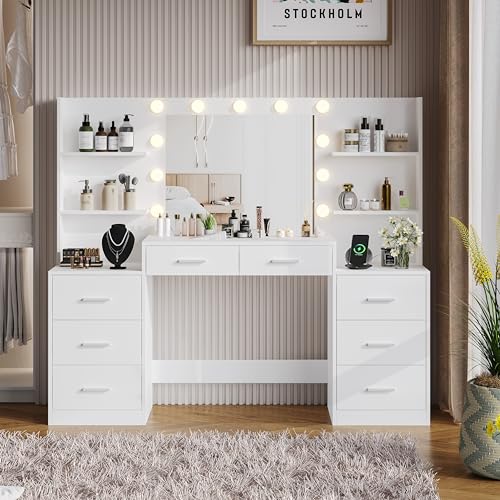 White Vanity Desk with Mirror & Lights, 8 Drawers H633361