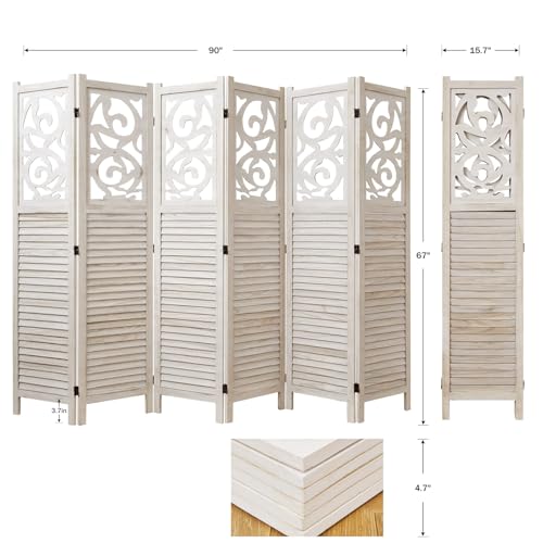 6 Panels Wood Carved Privacy Screens (White-Washed) G9404