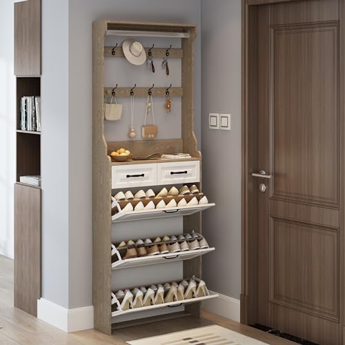 Rustic White Wooden Hall Tree with 5 Coat Hooks and 2 Shoes Cabinets J453726
