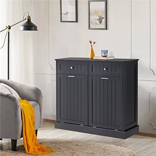 White Wooden Tilt Out Trash Cabinet with Hideaway Drawer and Bamboo Cutting Board K892
