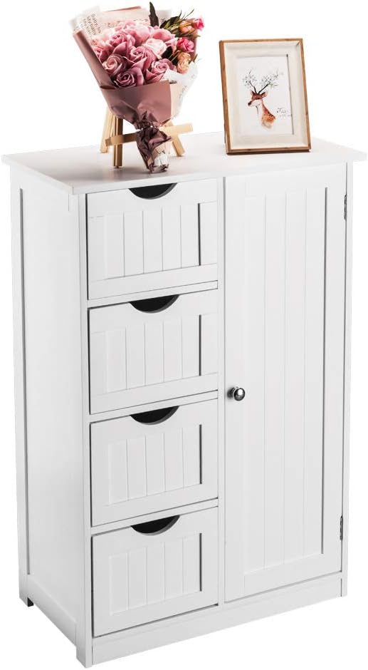 White 4 Drawer Single Door Bathroom Floor Cabinet Y6451