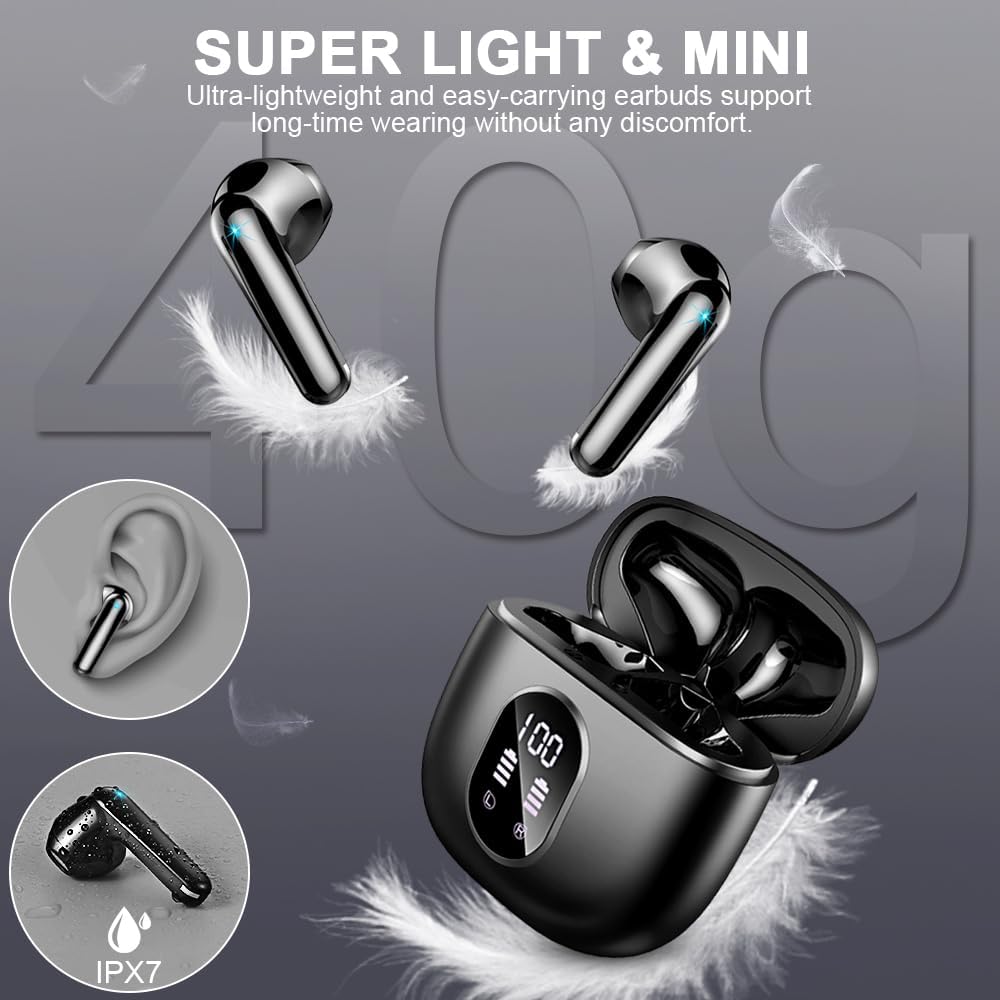 Wireless Earbuds Bluetooth 5.3 50H Playback Hi-Fi Stereo 4 ENC Mics LED Display Charging Case IP7 Waterproof I9082