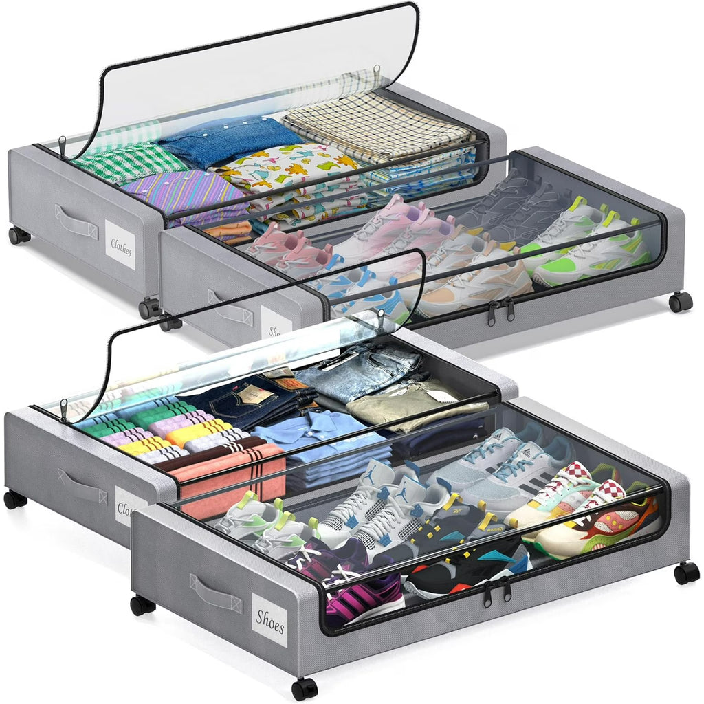 4-Pack 60L Under Bed Storage Bins with Wheels and Clear Lids (Gray) U112