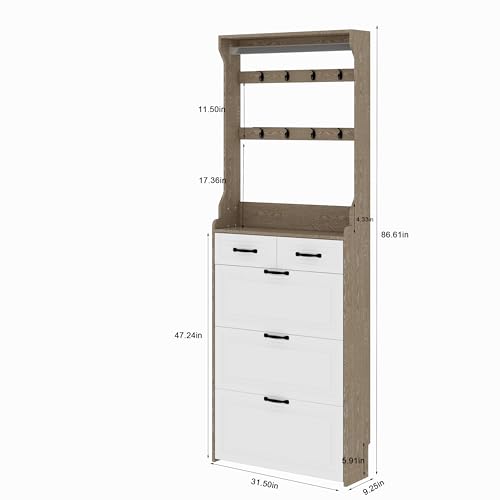 Rustic White Wooden Hall Tree with 5 Coat Hooks and 2 Shoes Cabinets J453726