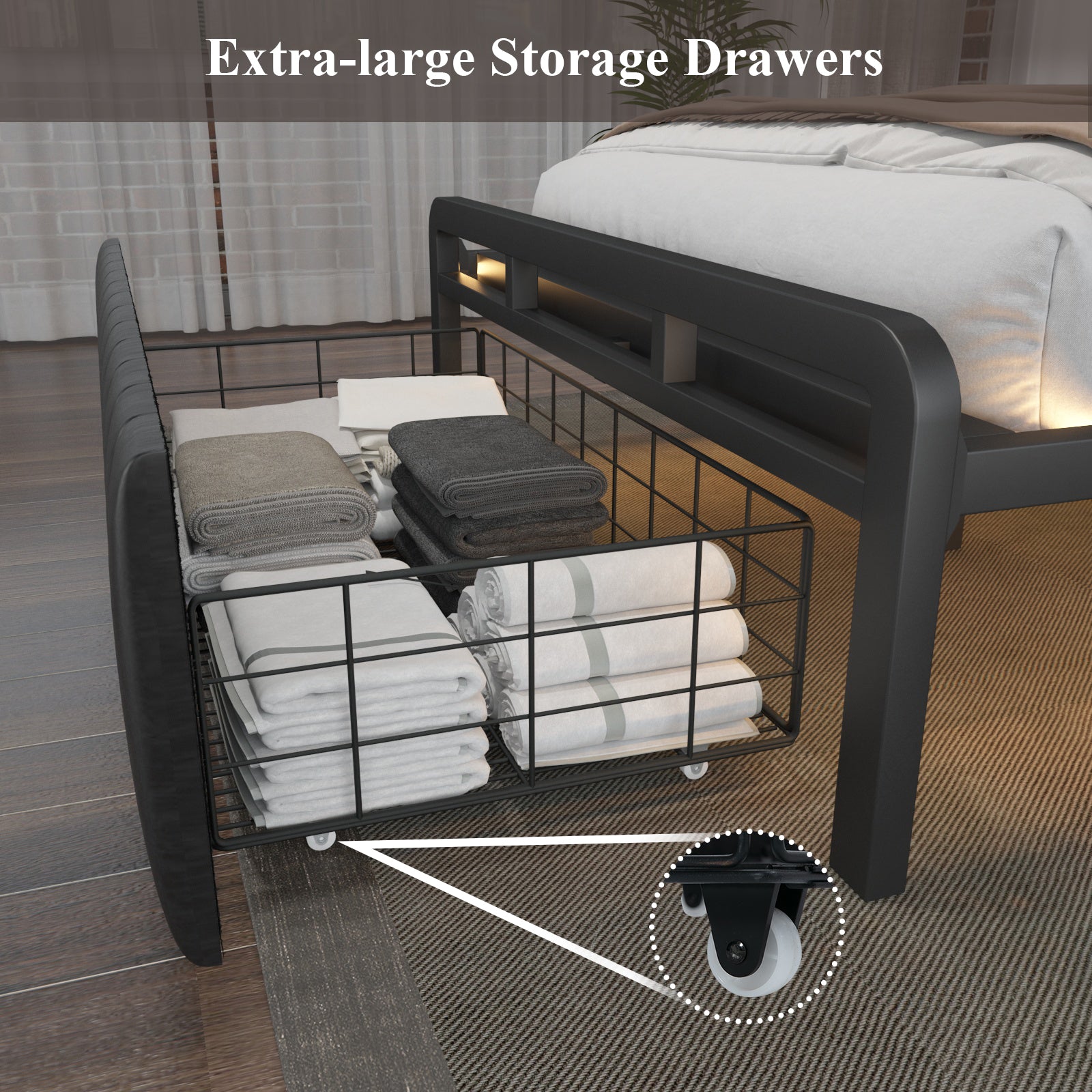Black Full Bed Frame with Storage Headboard and Drawers W203