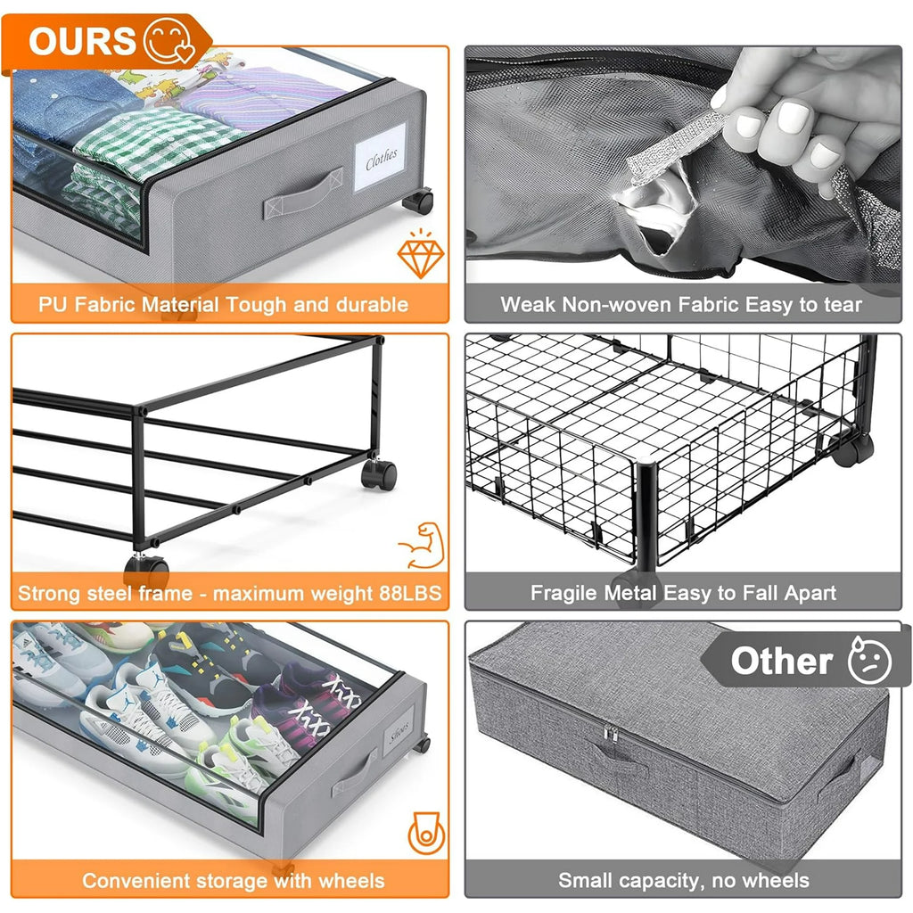 4-Pack 60L Under Bed Storage Bins with Wheels and Clear Lids (Gray) U112