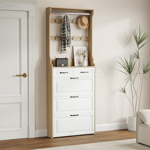 Rustic White Wooden Hall Tree with 5 Coat Hooks and 2 Shoes Cabinets J453726