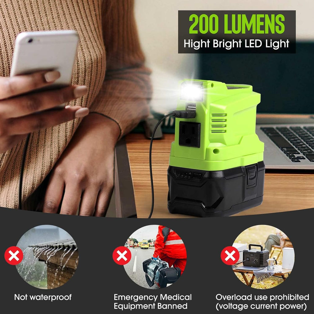 150 Watt Powered Inverter Generator, 18V DC to AC 110V 120V, for 18 Volt Lithium Battery USB Charger Adapter, with LED Light I5230