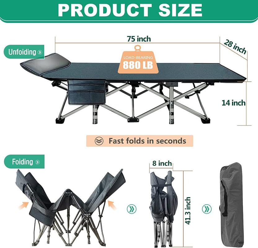 Gray Folding Camping Cot with Mattress Hold 600 LB E8580
