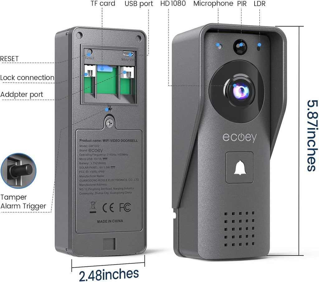 Video Doorbell Camera with Two-Way Audio, 1080P HD, PIR Motion Detection, Solar Energy M1247