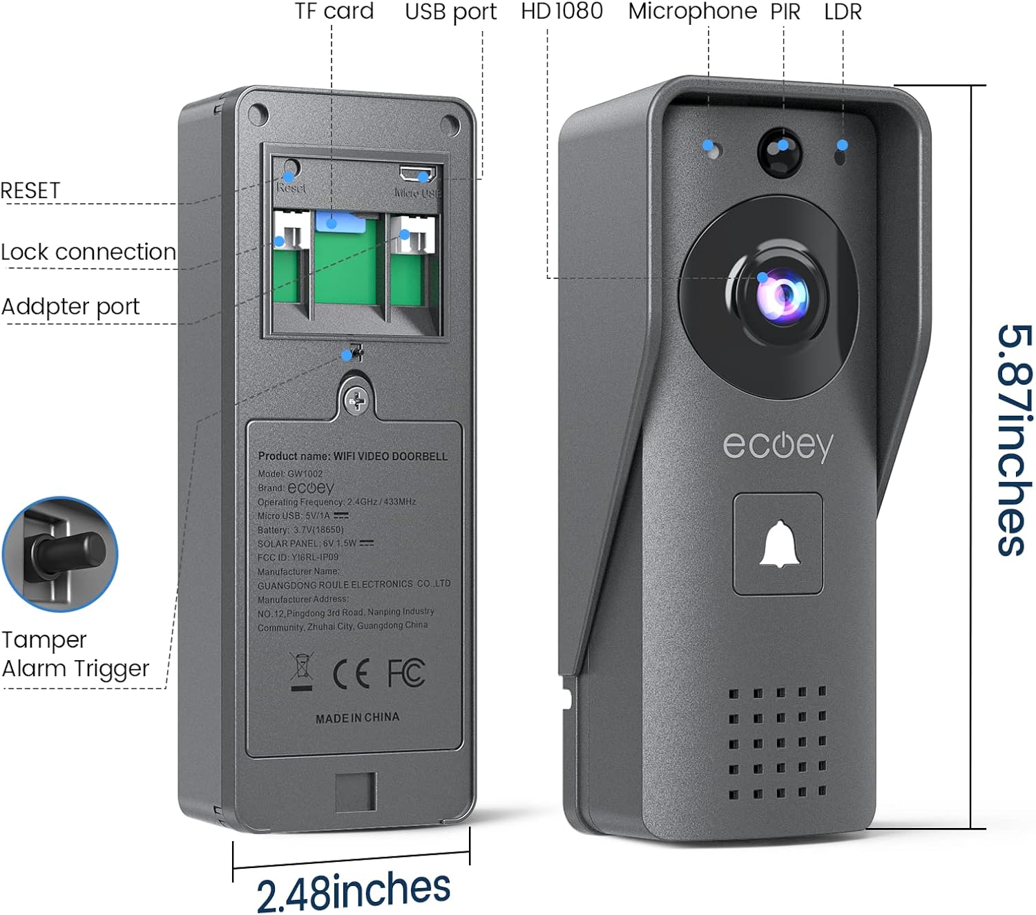 Video Doorbell Camera with Two-Way Audio, 1080P HD, PIR Motion Detection, Solar Energy M1247